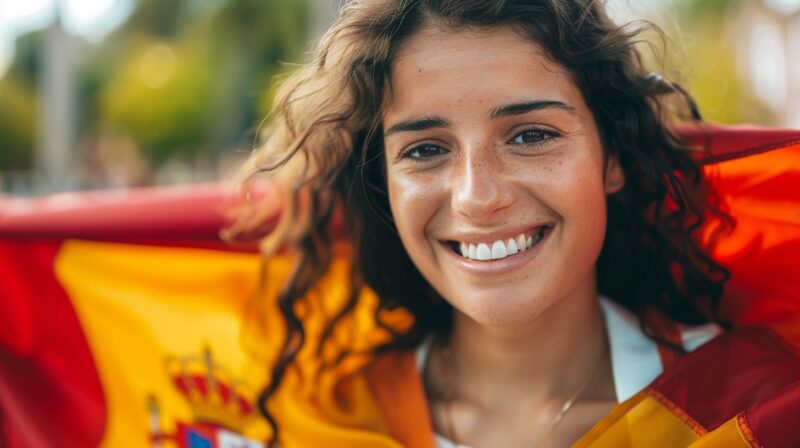 Pretty Girl with Spanish flag, smilling - Learning Spanish 101